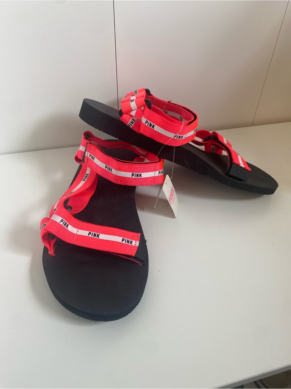 PINK Victoria's Secret Black Sandals with Bright Pink Branded Straps
